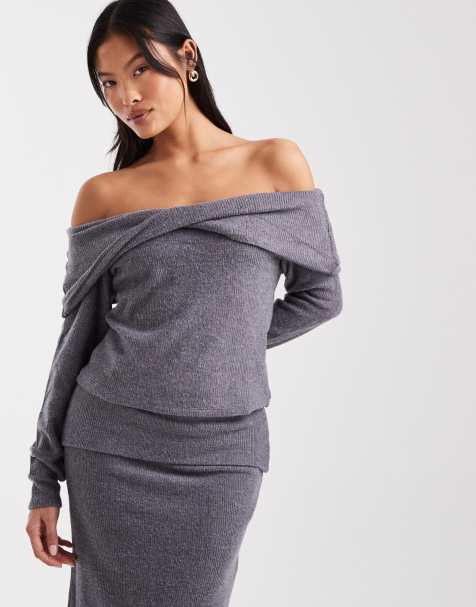 Vero Moda Petite soft touch off shoulder long sleeve top co-ord in grey melange