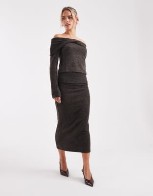 Vero Moda Petite soft touch off-shoulder long sleeve top & folded waistband midi skirt set in chocolate melange