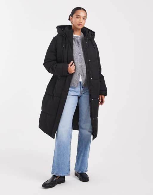 Vero Moda Petite - Sort 2-i-1 longline-dynejakke med aftagelige ærmer