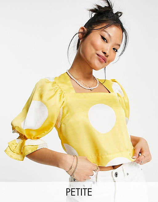 Vero Moda Petite square neck blouse in yellow & white spot