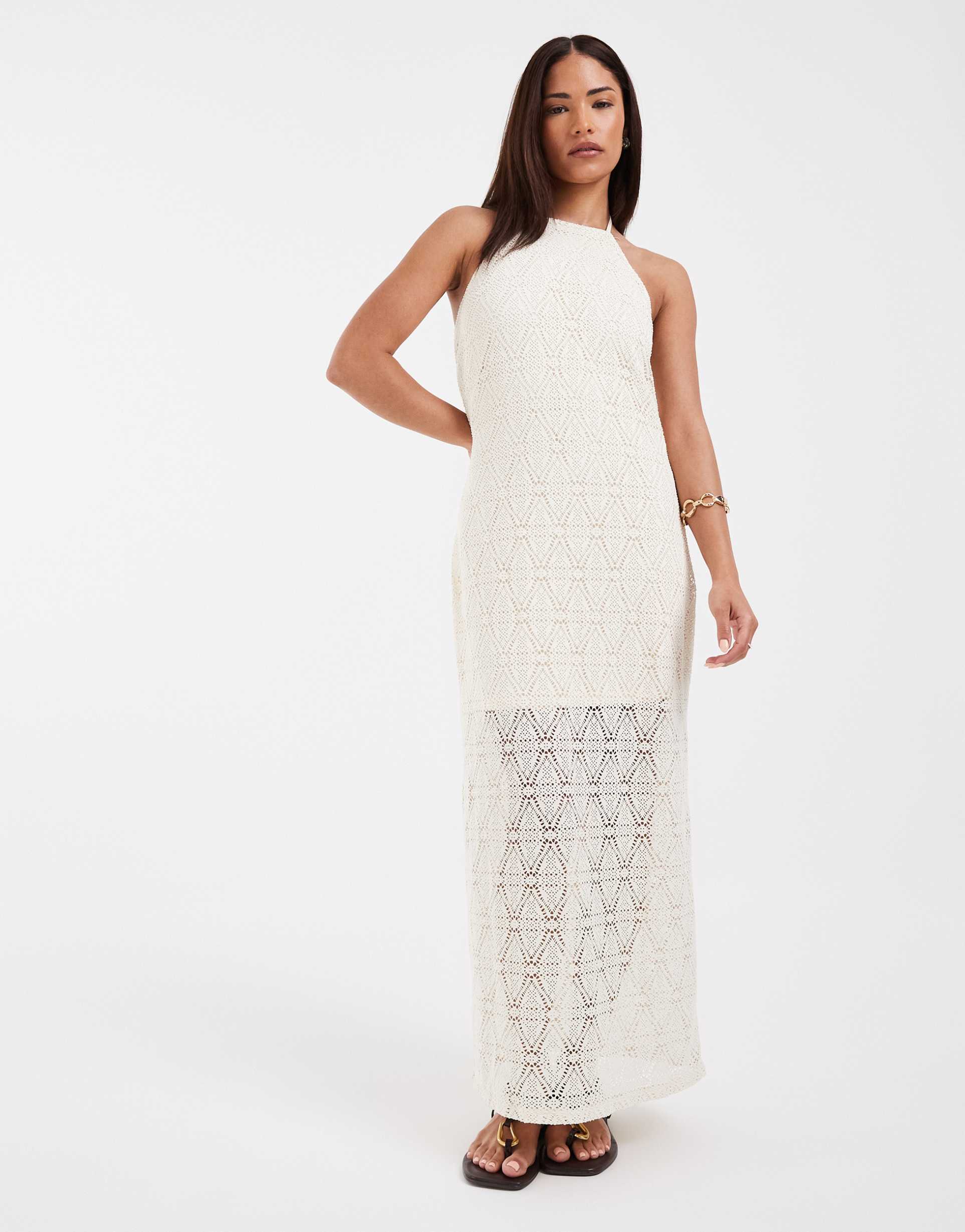 vero moda petite stretch lace halter maxi dress in cream