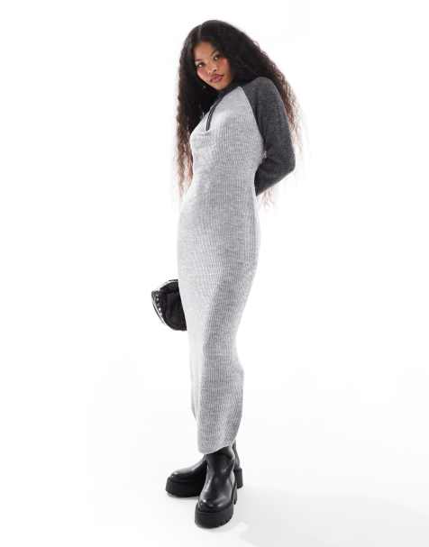 Vero Moda Petite – Strickkleid in Grau mit Farbblockdesign, Polokragen und Reißverschluss vorn - view 1