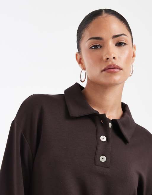 Vero Moda Petite super soft polo sweat top co-ord in chocolate brown, 3 of 4