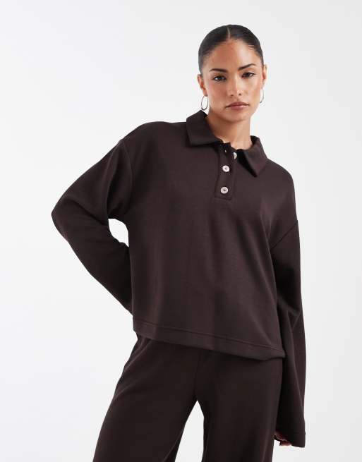 Vero Moda Petite super soft polo sweat set in chocolate brown, 2 of 3