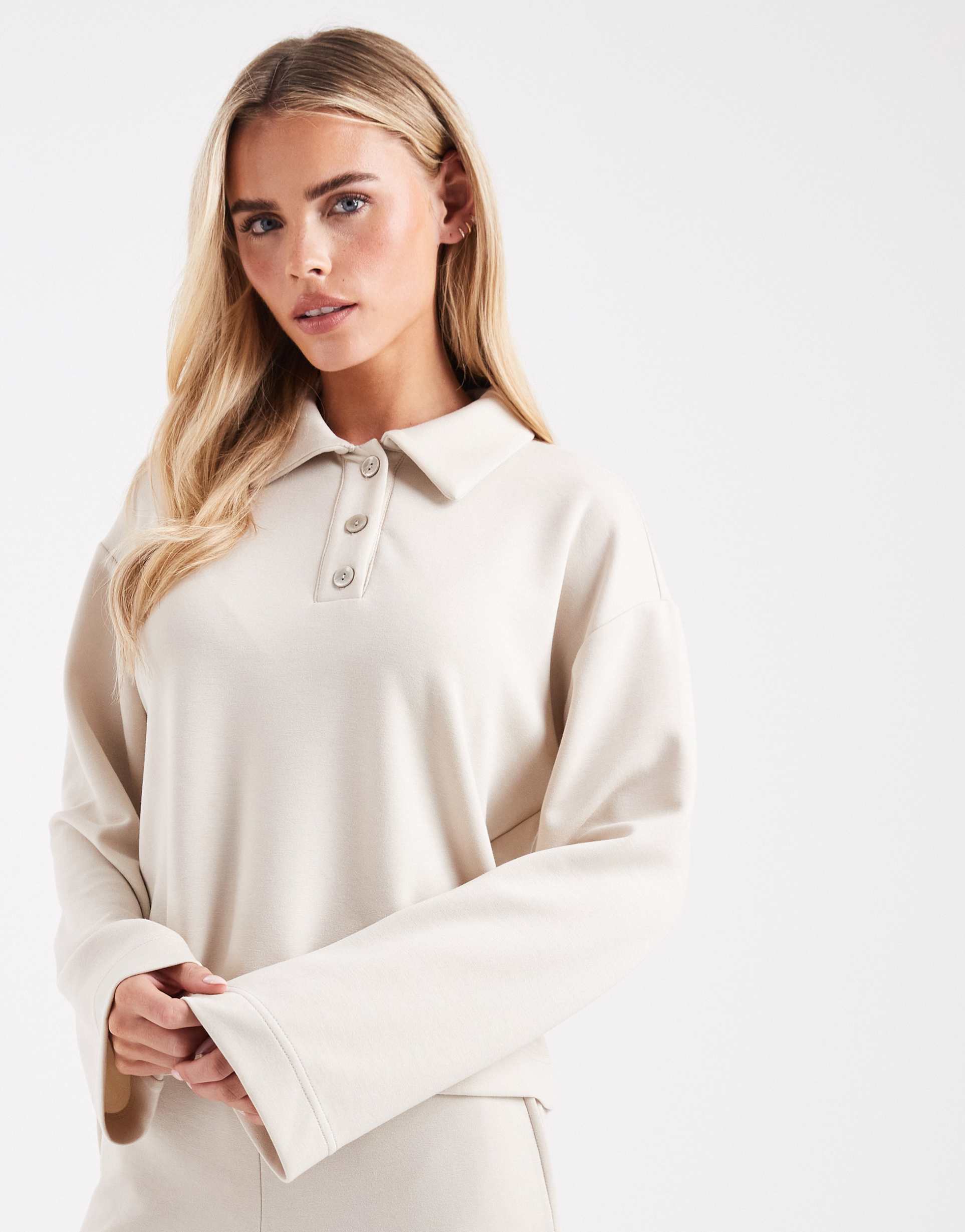 vero moda petite super soft polo sweats top in cream - part of a set