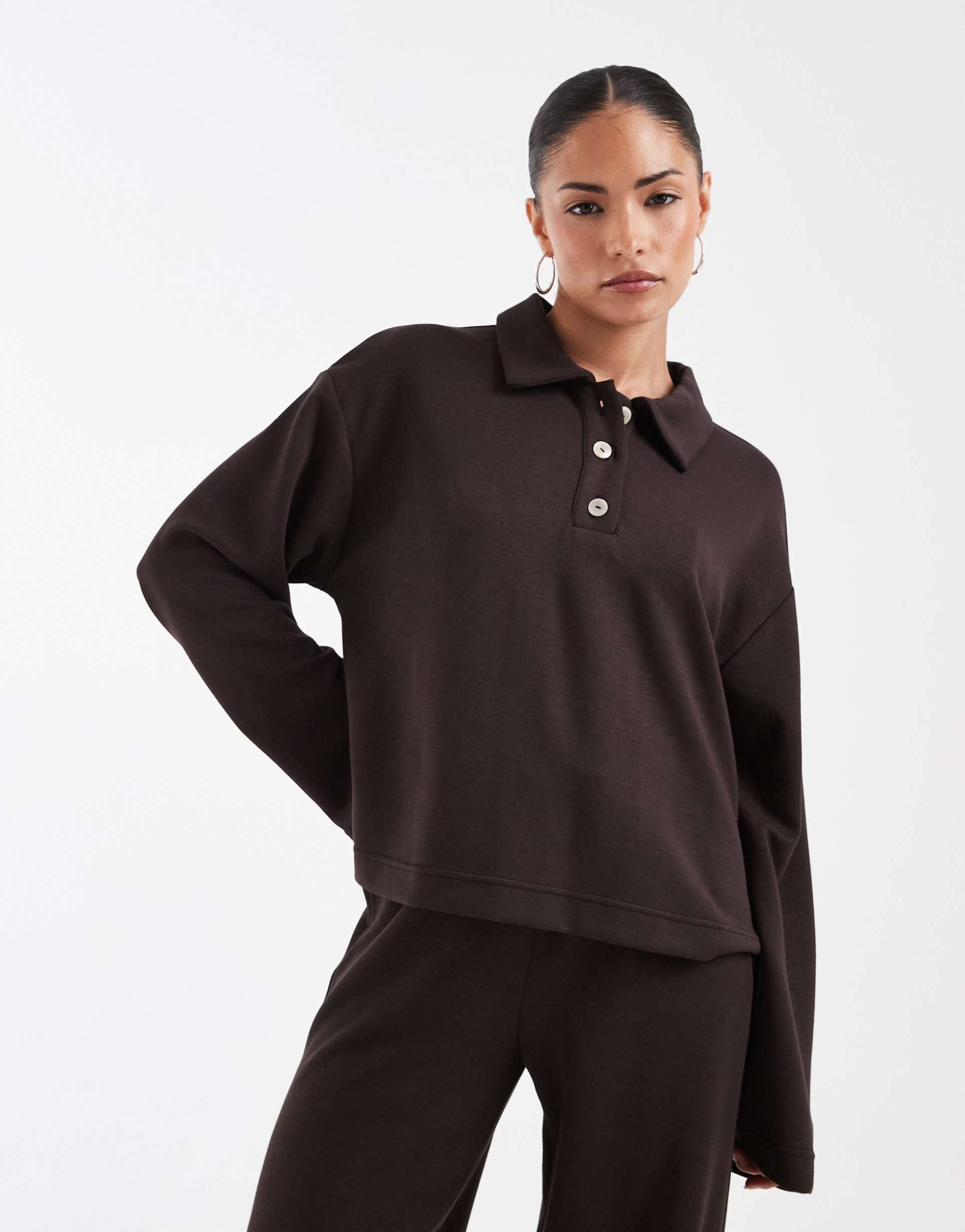vero moda petite super soft polo sweatshirt top in chocolate brown - part of a set