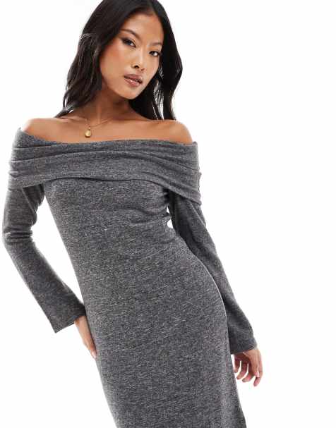 Vero Moda Petite – Superweiches, knöchellanges Kleid in meliertem Dunkelgrau mit schulterfreiem Design - view 1