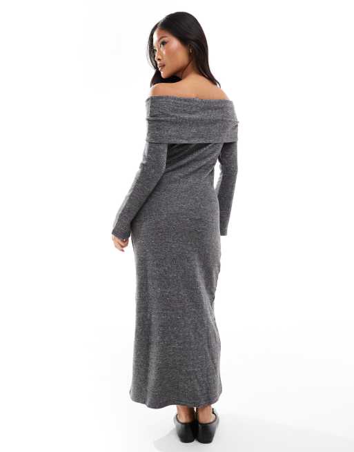 Vero Moda Petite - Superzachte enkellange jurk met blote schouders in gemêleerd grijs, 3 van 4