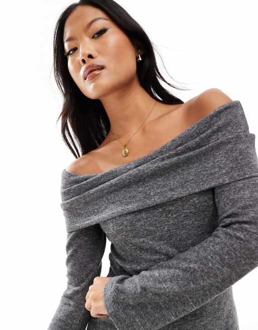 Vero Moda Petite - Superzachte enkellange jurk met blote schouders in gemêleerd grijs, 4 van 4