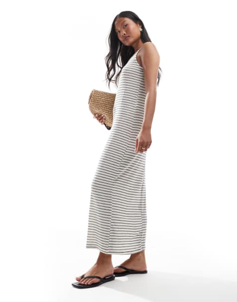 Vero Moda Petite – Svartvit, randig, ärmlös maxiklänning med slubvävd textur - view 1