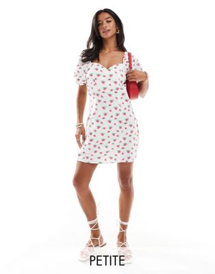 sweetheart neck mini dress with puff sleeves in floral print-White