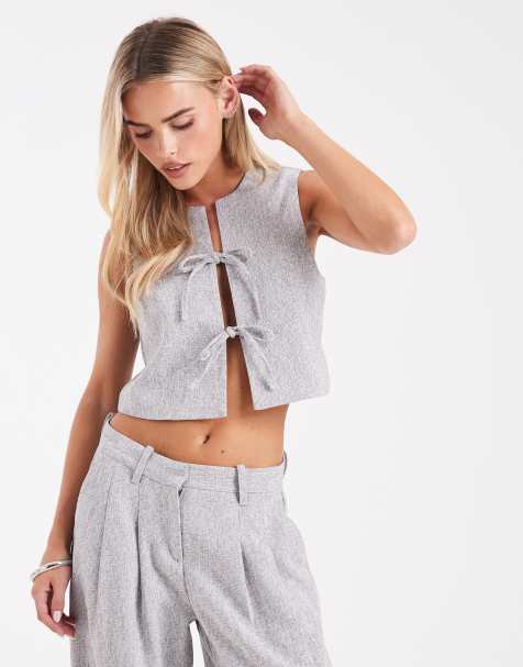 Vero Moda Petite tailored tie front waistcoat co-ord in grey melange