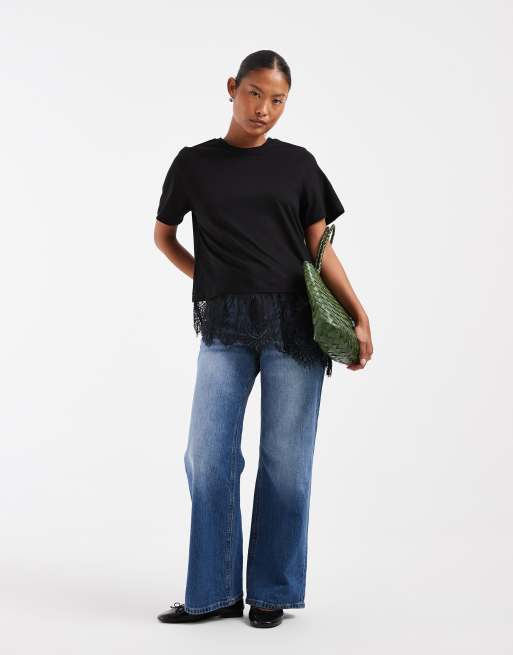 Vero Moda Petite T-shirt with asymmetric lace detail in black, 3 of 4