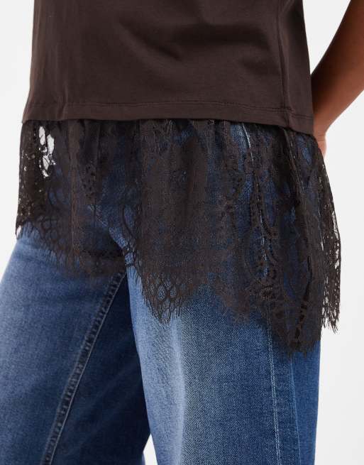Vero Moda Petite t-shirt with asymmetric lace detail in chocolate brown, 2 of 4