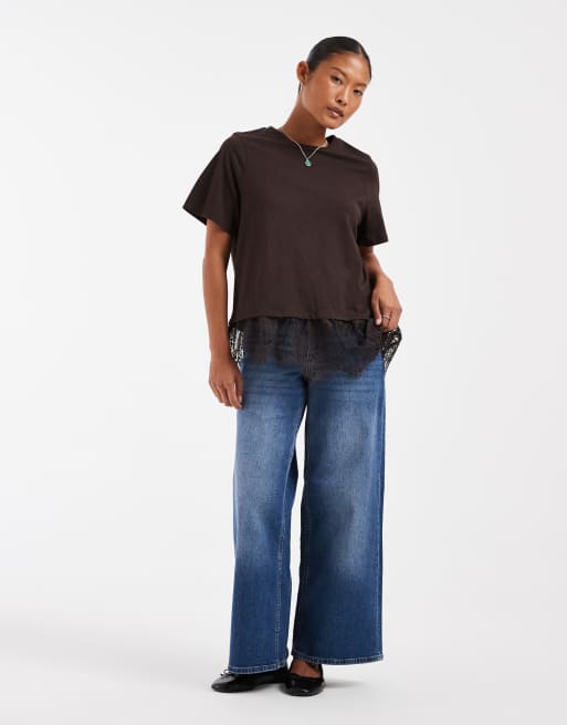 Vero Moda Petite t-shirt with asymmetric lace detail in chocolate brown, 3 of 4