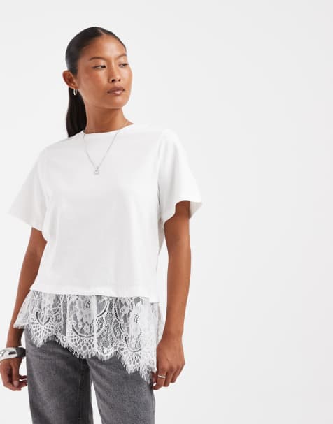 Vero Moda Petite t-shirt with asymmetric lace detail in white - view 1