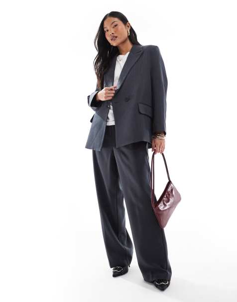Vero Moda Petite tailored herringbone blazer and wide leg trousers set in dark grey melange - view 1