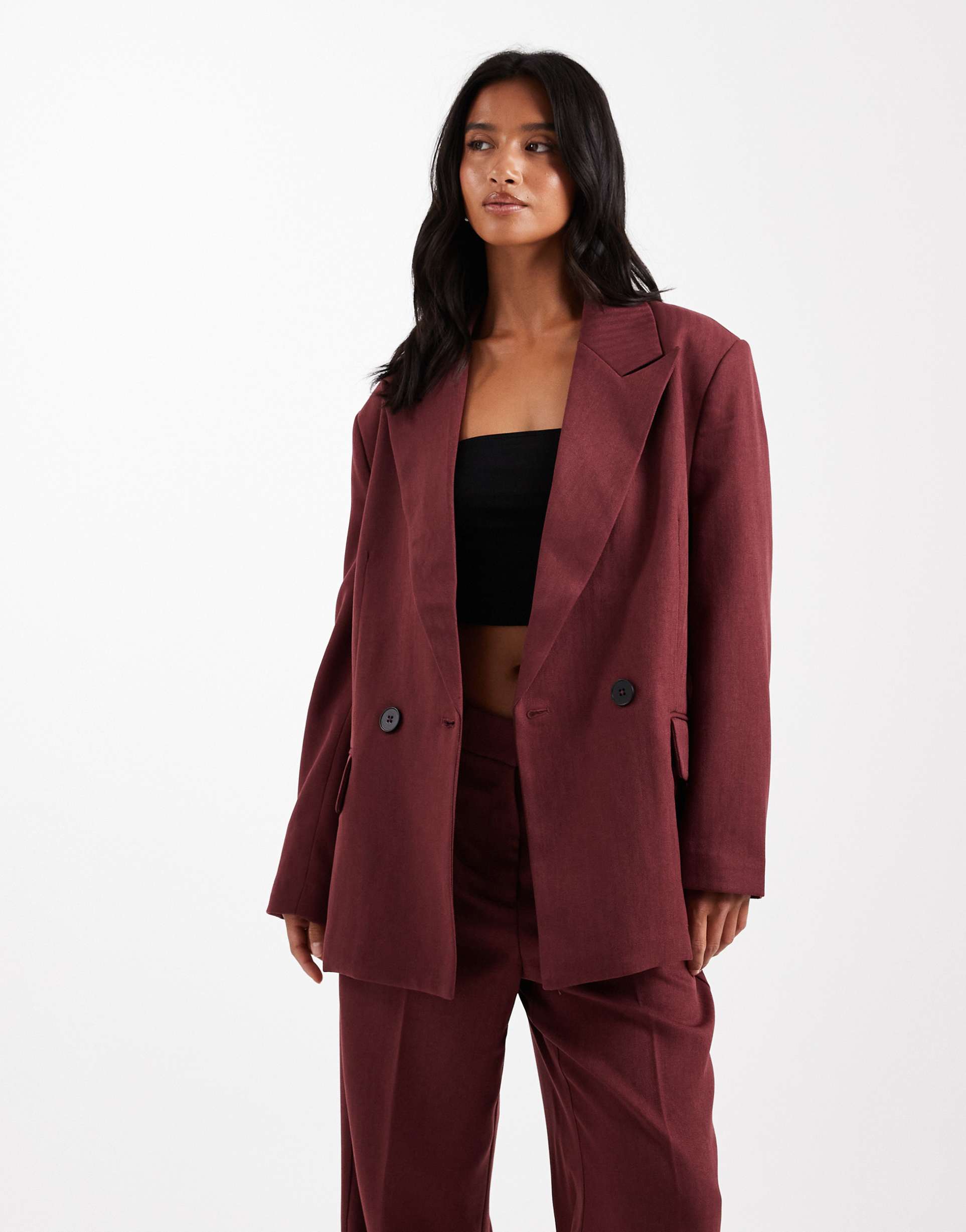 vero moda petite tailored herringbone blazer in burgundy - part of a set