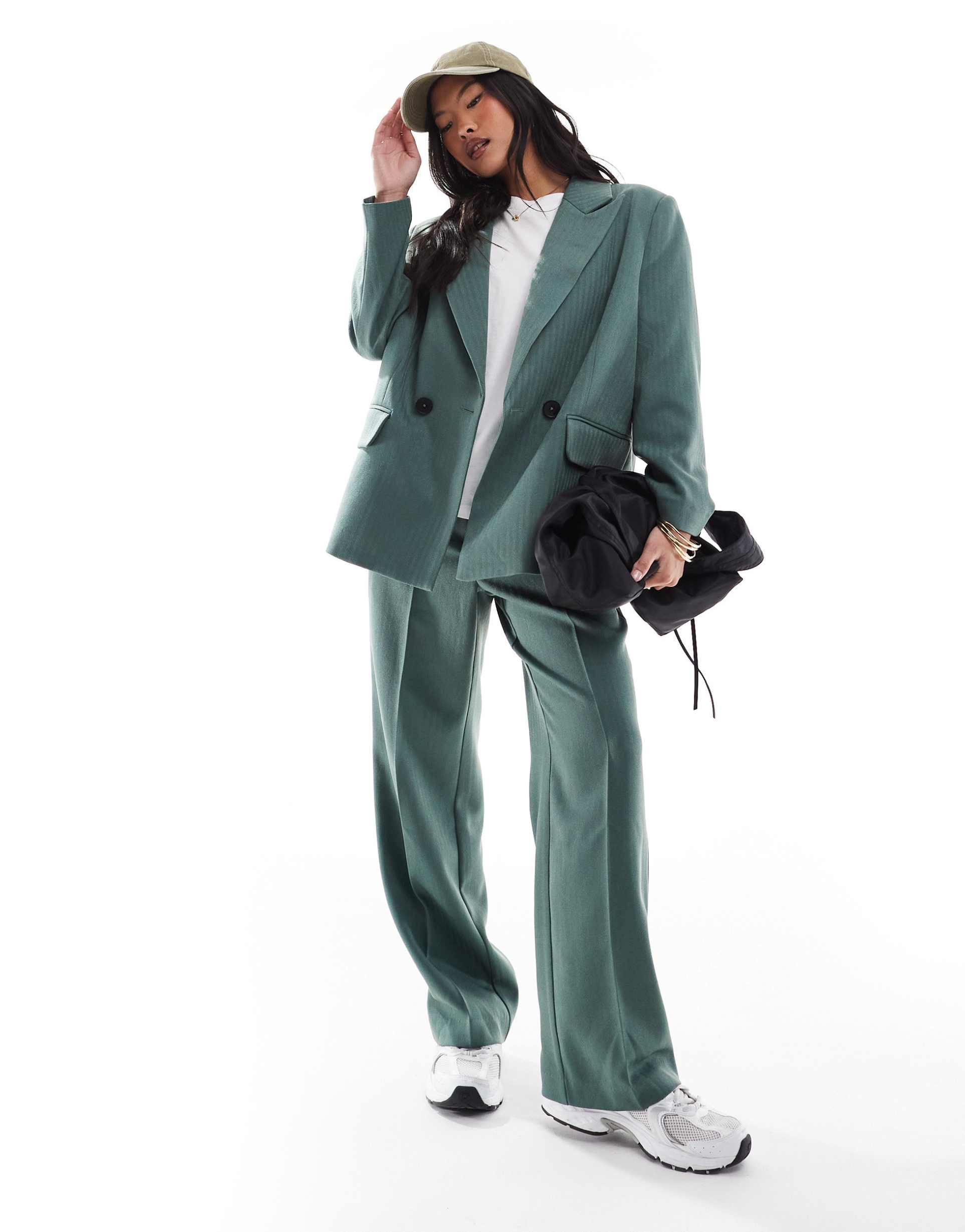 vero moda petite tailored herringbone blazer in dark forest green - part of a set