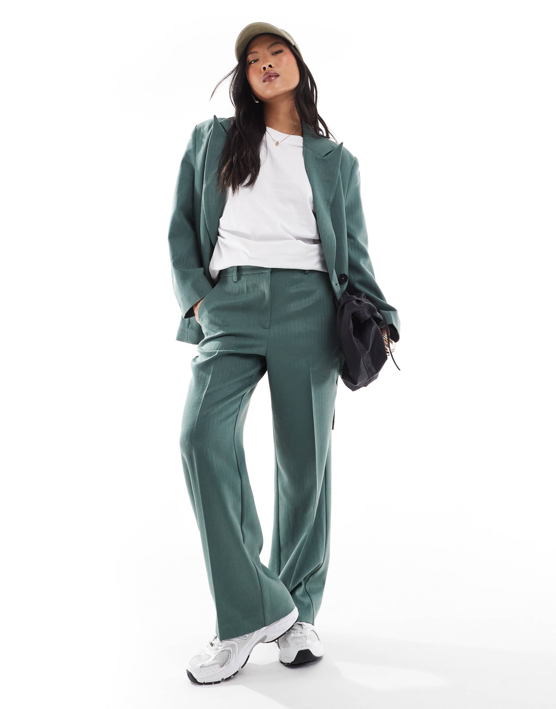 vero moda petite tailored herringbone wide leg pants in dark forest green - part of a set