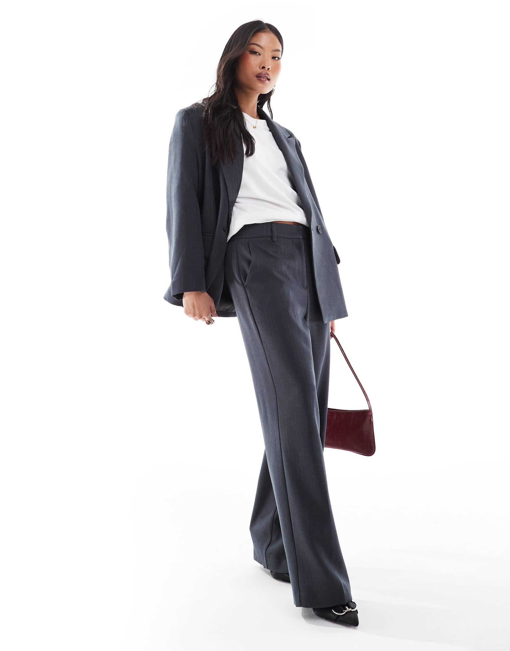 vero moda petite tailored herringbone wide leg pants in dark heather gray - part of a set