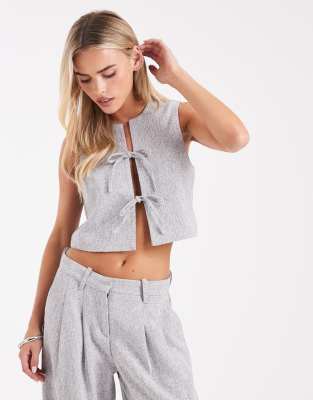Vero Moda Petite Vero Moda Petite tailored tie front waistcoat co-ord in grey melange