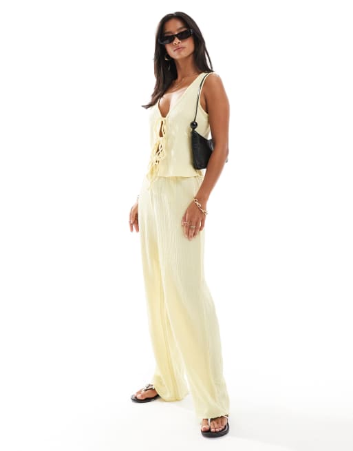 Vero Moda Petite textured jersey pants in pale lemon (part of a set)