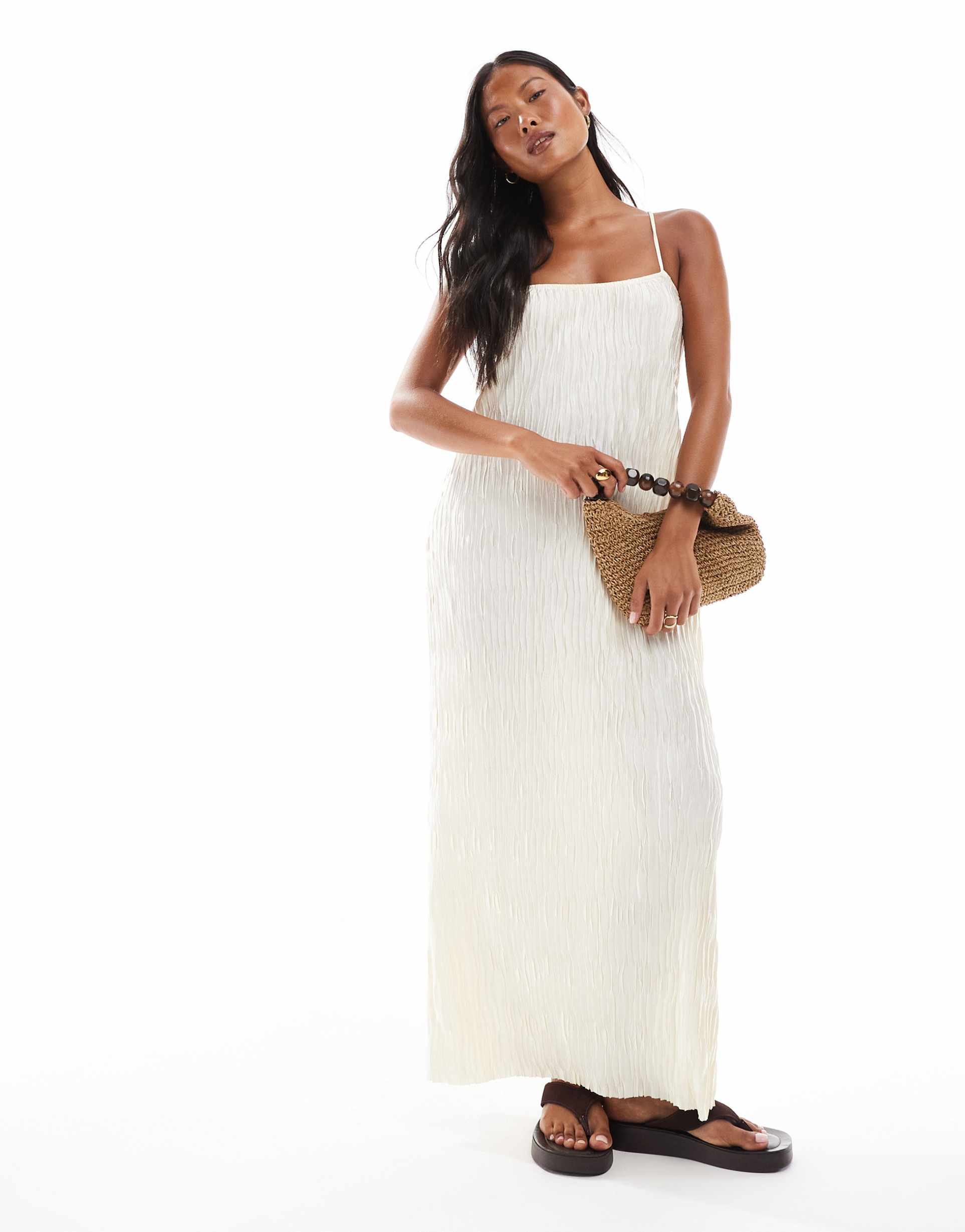 vero moda petite textured plisse cami maxi dress in birch cream