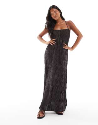 Vero Moda Petite textured plisse cami maxi dress in chocolate - view 1