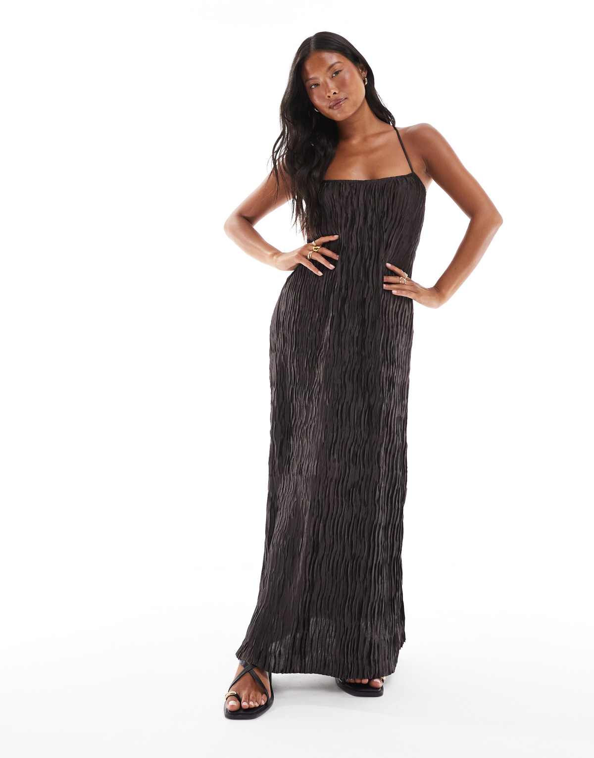 Vero Moda Petite textured plisse cami maxi dress in chocolate
