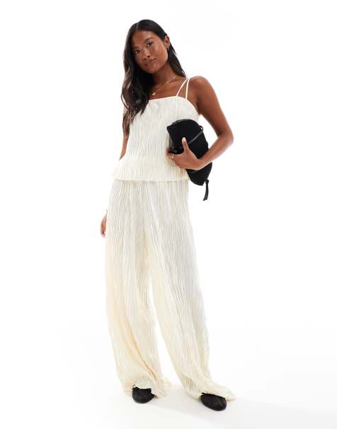 Vero Moda Petite textured plisse double strap cami and wide leg pants set in birch cream - view 1