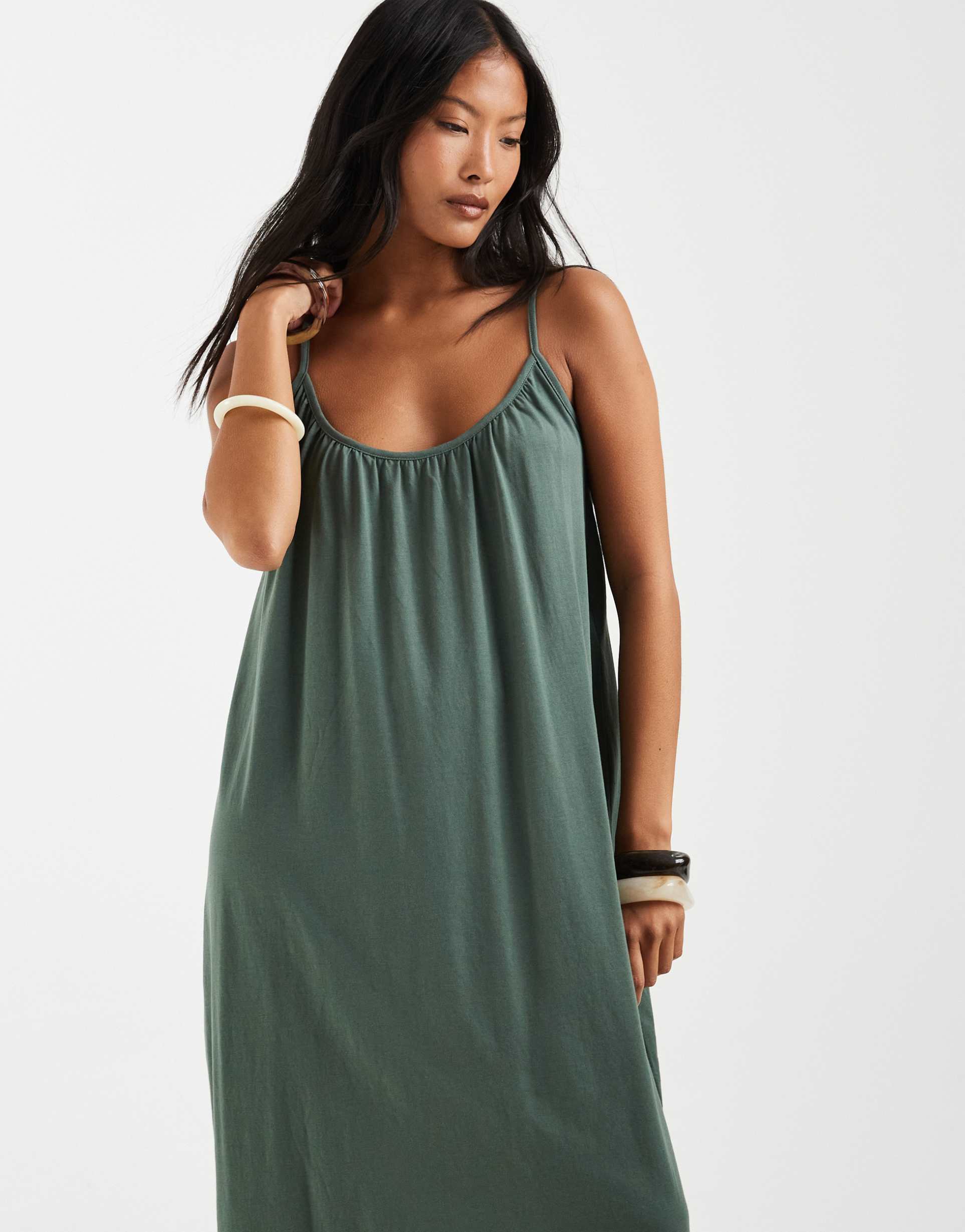 vero moda petite throw on cami maxi dress in khaki green