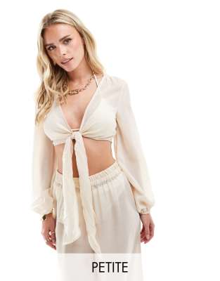 Vero Moda Petite Tie Front Beach Top In Stone - Part Of A Set-neutral