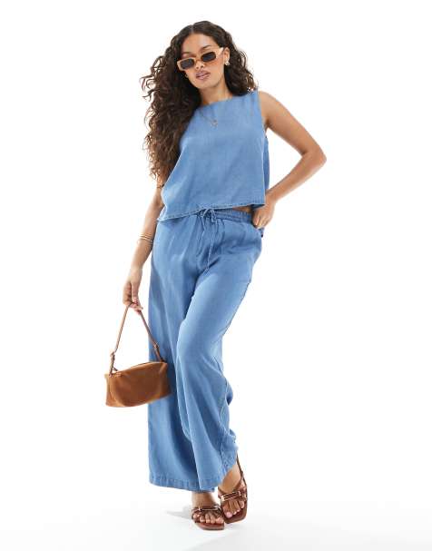 Vero Moda Petite tie front top and fluid wide leg trousers in blue chambray - view 1