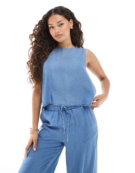 Vero Moda Petite tie front top co-ord in blue chambray - view 1