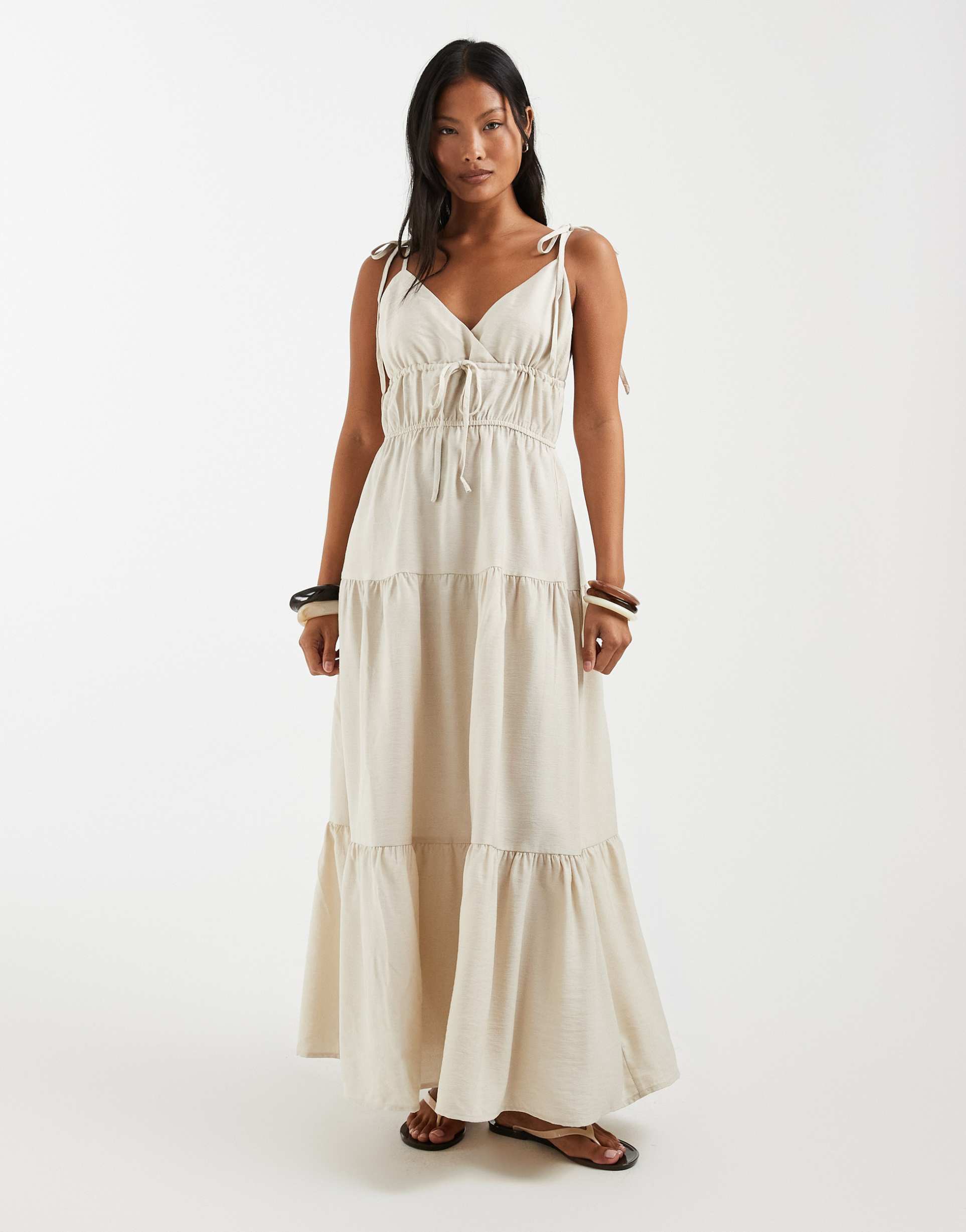 vero moda petite tie shoulder cami midi tiered dress in oatmeal