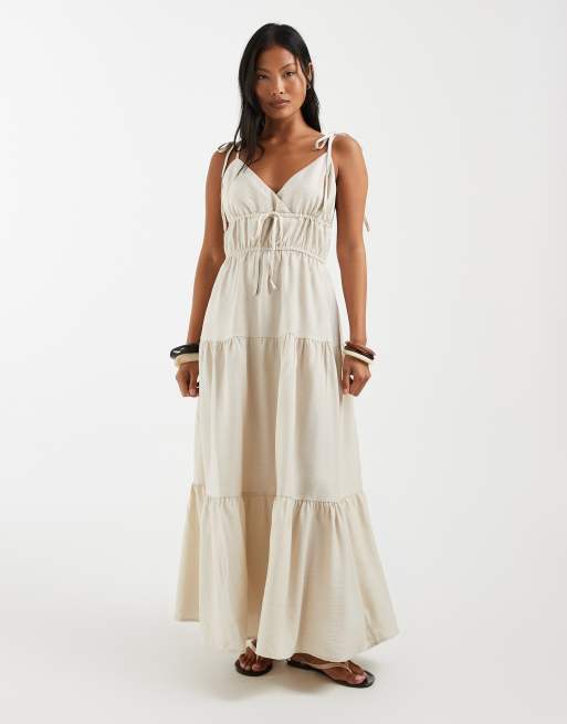 Vero Moda Petite tie shoulder cami midi tiered dress in oatmeal | ASOS