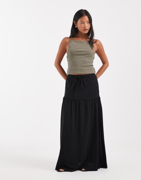 Vero Moda Petite tie waist jersey tiered boho maxi skirt in black - view 1