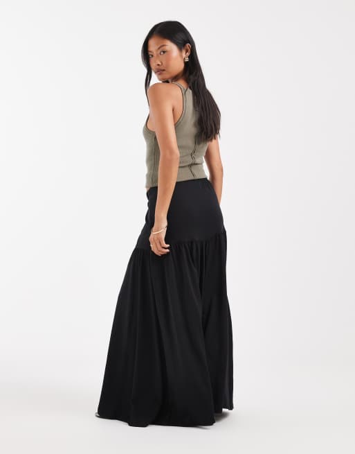 Vero Moda Petite tie waist jersey tiered boho maxi skirt in black, 2 of 5