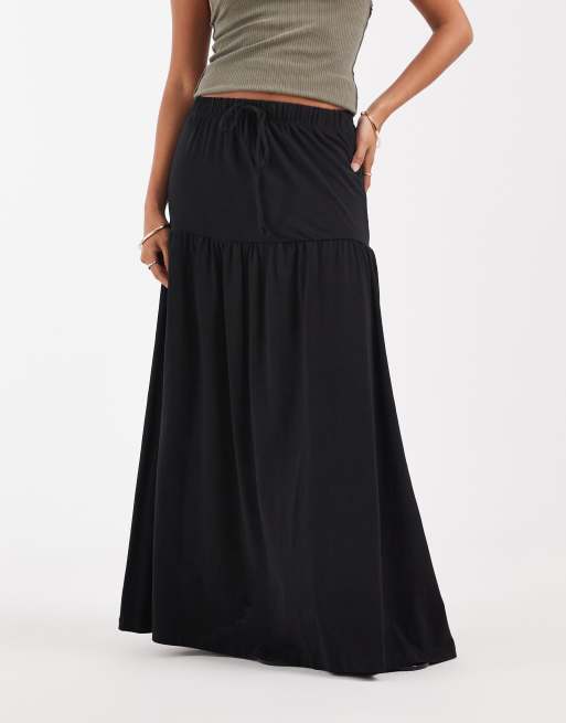 Vero Moda Petite tie waist jersey tiered boho maxi skirt in black, 5 of 5