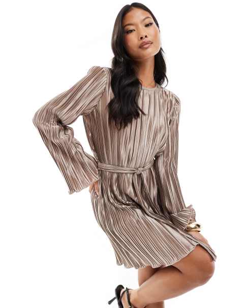 Vero Moda Petite tie waist plisse mini dress in gold