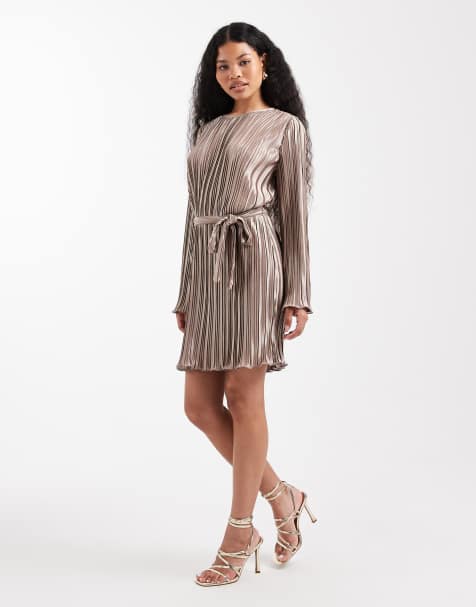 Vero Moda Petite tie waist plisse mini dress in gold - view 1