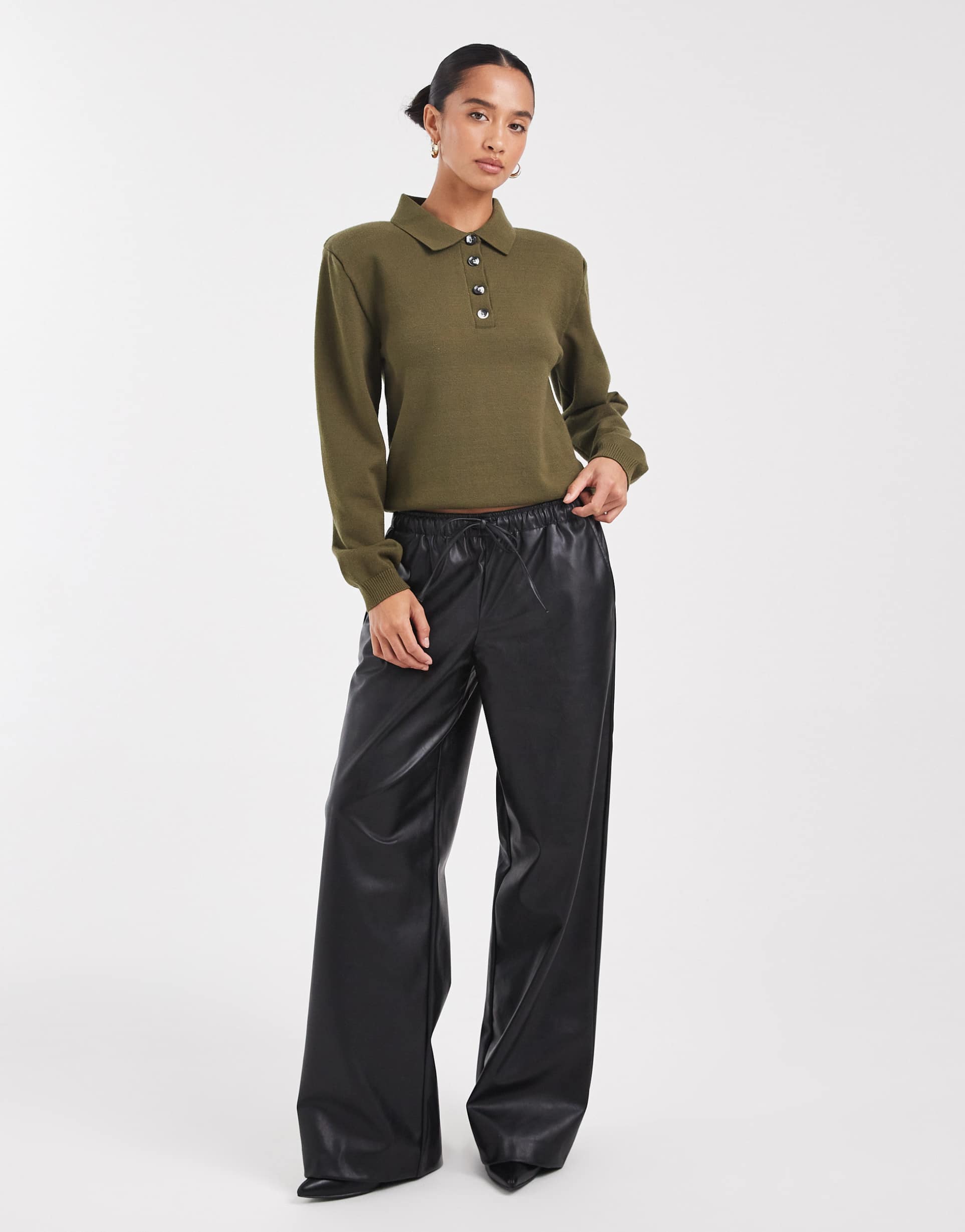 vero moda petite tie waist wide leg faux leather pants in black
