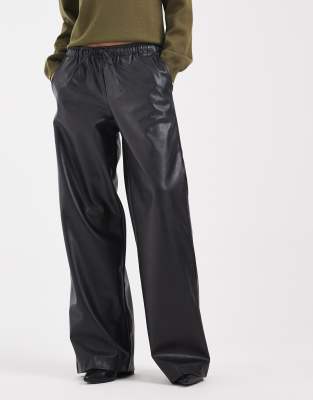 Vero Moda Petite Tie Waist Wide Leg Faux Leather Pants In Black