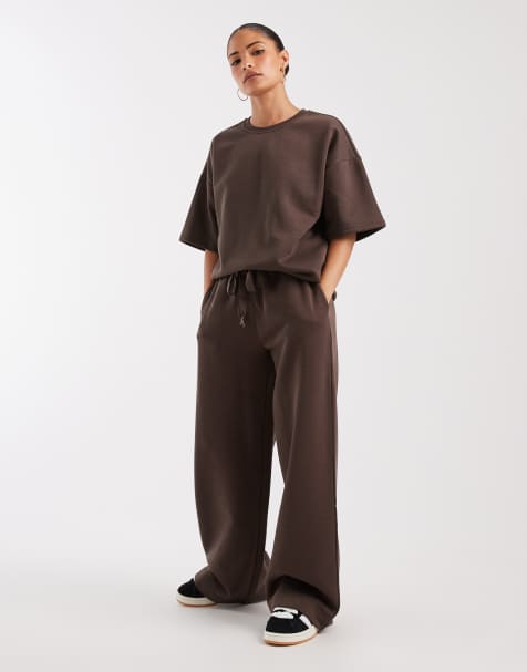 Vero Moda Petite tie waist wide leg trackies in chocolate brown (part of a set) - view 1
