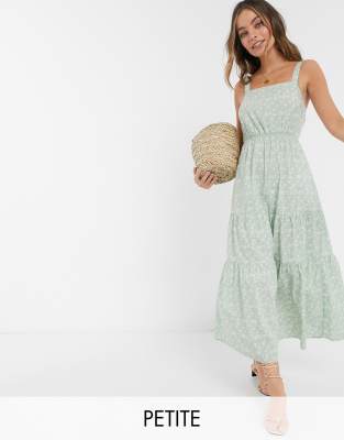 Vero Moda Petite tiered floral maxi dress with tie back detail in green daisy print-Multi