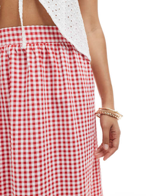 Vero Moda Petite tiered hem maxi skirt in red gingham print ASOS