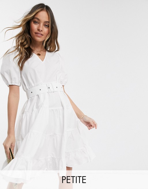 Vero Moda Petite tiered smock dress with removeable belted waist in white