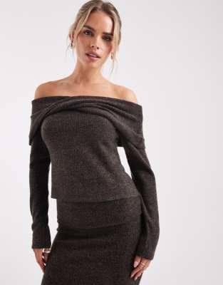 Top d'ensemble doux au toucher à manches longues et épaules dénudées - Chocolat chiné-Brown XXL