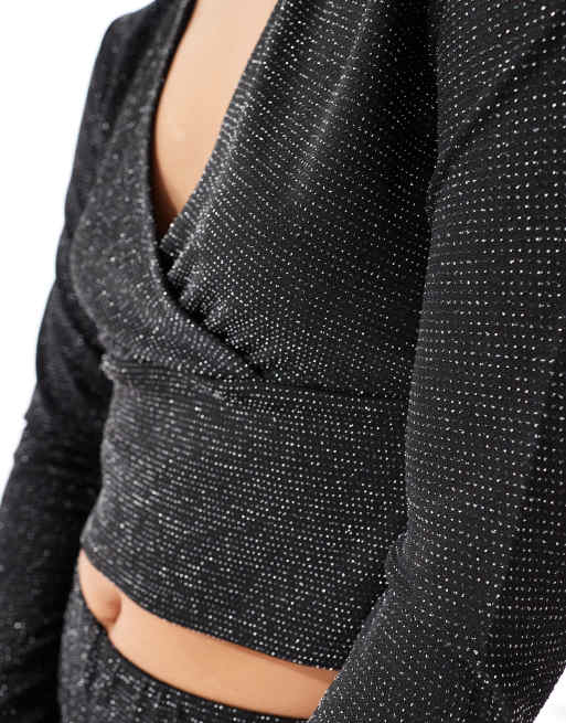 Vero Moda Petite - Top nero glitterato con incrocio sul davanti in coordinato, 2 di 4